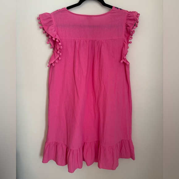 Umgee Pink Embroidered Boho Dress Size Large Sleeveless Pom Pom Trim Ruffle Hem - Picture 2 of 7